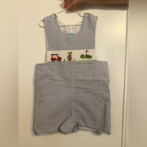 Striped Seersucker Embroidered Kids Romper - Blue/White